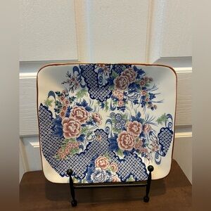 Vintage Japanese Toyo Blue & Pink Floral Porcelain Charger Square Platter 12"